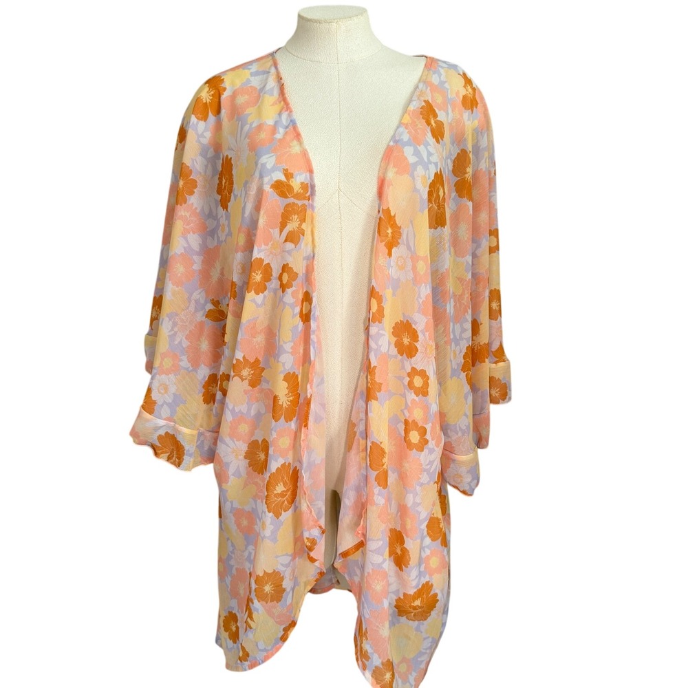 Peach Love Kimono Floral Cover Up Orange Yellow Sheer Made‎ in CA *tiny flaw